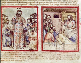 Joseph alvorlig syk i en alder av 110 tilgir brødrene sine som kaster seg ned for ham Miniatyr fra codex 212 (eller padovano codice eller Bible of Padua) 1390-1400 Rovigo, Accademia dei Concordi