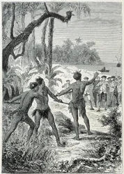 Reisen til kaptein James Cook (1728-1779) til New Guinee: det første møtet med de innfødte, illustrasjon hentet fra "The Great Mariners of the 18th century""
