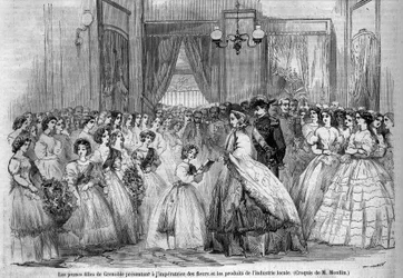 Reise til keiser Napoleon III (1808-1873) og hans kone Eugenie de Montijo (1826-1920) til hertugen av Savoy etter annekteringen av greven av Savoy (Mars Torino-traktaten): her møter det keiserlige paret som besøker Grenoble unge jenter som kom for å presen