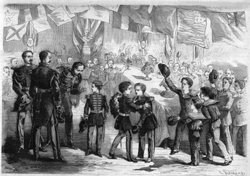 Reisen til Hans Majestet den keiserlige prins Napoleon Eugene Louis Jean Joseph Bonaparte (1856-1879), sønn av Napoleon III, til Cherbourg, Frankrike: moser og barn av tropper tilbyr en bukett til prinsen. Gravering i "" The Illustrious Universe""