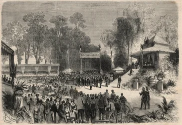 Reisen til Napoleon III (1808-1883) og imponen Eugenie de Montijo (1826-1920) til Rouen: utdeling av priser ved landbrukskonkurransen. Gravering i "" L'Univers illustrious""
