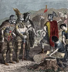 Julian og Frankish Chiefs - Møte mellom keiser Julian og Franco Chiefs - (Flavius Claudius Julianus (331-363), kalt Julian the Apostate, også kalt Julian the Philosopher eller Julian II eller Julian the Emperor) - gravering fra slutten av det 19. århundre