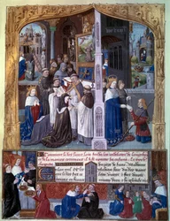 Kong Louis IX (1214-1270) (Saint Louis) lot bygge klosteret Cordeliere de Longchamp i skogen Rouvray (Boulogne) i 1255, scener med kristen veldedighet av King Miniature hentet fra et manuskript "The Book of Facts Monseigneur Saint Louis" "1400-tallet