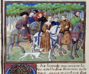 Konge og dronning går på jakt (Philip VI av Valois og Blanche av Navarre (?)) Miniatyr fra Le livre de la chasse"" av Gaston III Phoebus, greve av Foix, Lord of Bearn (1331-1391)