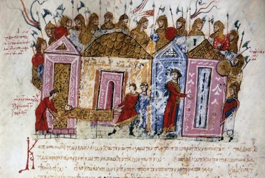 Varangian (Varangian) Armed Guard (danske og svenske vikinger, som reiste gjennom hele elvesystemet i de østlige territoriene og bygde fort, helt til Det Kaspiske hav, og dermed la grunnlaget for det som skulle bli statsrusseren) Miniatyr hentet fra