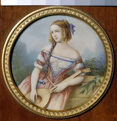 Den russiske skuespillerinnen Varvara Asenkova (1817-1841), i rollen som Esmeralda fra ""Notre Dame de Paris"" av Victor Hugo (1802-1885). (Russisk skuespillerinne Varvara Asenkova som Esmeralda). Anonymt verk, akvarell på papir