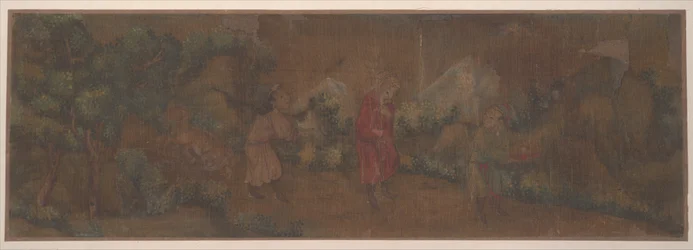 Landskapsmaleri av figur i skogsmiljø (albumblad; farge på silke)