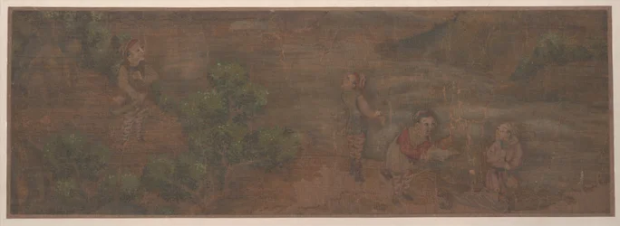 Landskapsmaleri av figur i skogsmiljø (albumblad; farge på silke)