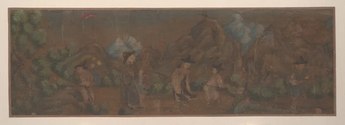 Landskapsmaleri av figur i skogsmiljø (albumblad; farge på silke)