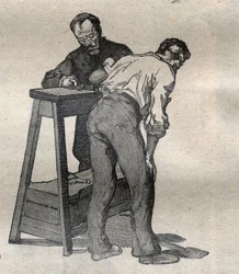 Rettsantropometri eller bertillonnage, metode av Alphonse Bertillon (1853-1914): måling av albuen - gravering i ""La Science francaise""