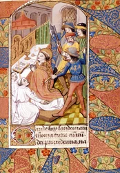 Drapet på Sankt Thomas Becket (1118-1170), engelsk prelat og politiker. Miniatyr fra 1300-tallet. Victoria and Albert Library, London.
