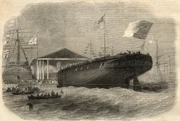 Lansering av den portugisiske korvetten "Sagres"" i Limehouse (London). Gravering i "" The Illustrated London News"" av 5. juni