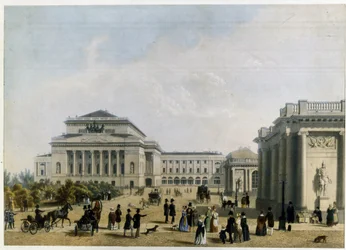 Alexandrinski-teatret (eller Alexandra) i St. Petersburg (Alexander-teatret i St. Petersburg). Anonymt verk, fargelitografi, ca. 1830. Klassisisme fra 1800-tallet. Statens museum for teater og musikkkunst, St. Petersburg.