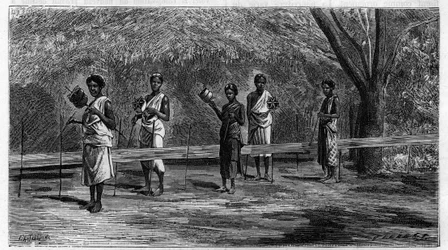 Veving i India: klargjøring av varptrådene (vridningsoperasjon) Gravering av 1883. i «La Nature. Gjennomgang av vitenskaper og deres anvendelser til kunst og industri."