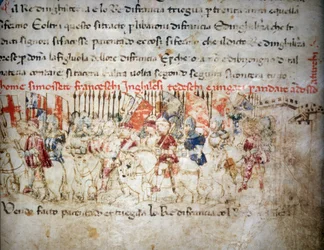 Franskmennenes, engelskmennenes, tyskernes og ungarernes forbund mot tyrkerne i 1391 - i «Croniche del Sercambi», cirka 1400. Nasjonalarkivet, Lucca.
