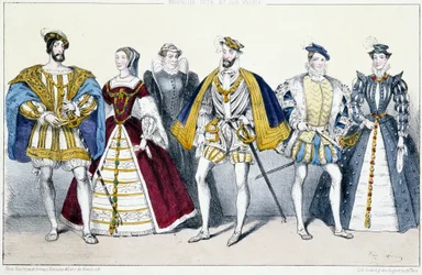 Les Valois: Francois I (1494-1547) og Claude de France (1499-1524), Catherine de Medicis (1519-1589) og Henri II (1519-1559), Francois II (1544-1560) og Marie Stuart (1542- 1587) - Planche hentet fra konger og dronninger av Frankrike i trykk, Paris, red. S