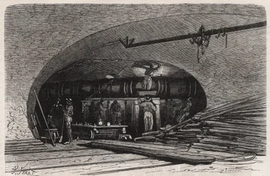 Kloakkene i Paris: bøyning av røret nær Saint Michel-broen (Saint-Michel), place du Chatelet - Gravering i "" Le Monde Illustré""