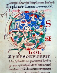 Lettrine C; en vintreet tidlig på 1100-tallet. Miniatyr av middelalderen. Manuskript "Moralia in Job"" fra Citeaux Abbey for Gregoire Pope I
