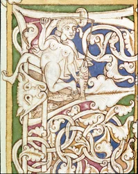 Lettrine P decoree av representasjonen av en kvinne som fisker en fisk. Miniatyr fra en bibel (Gamle Testamentet) (Ms 3088) Coimbra fra 1100-tallet, Universitetsbiblioteket
