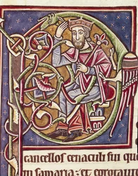 Lettrine P dekorert representasjonen av kongen av landet Moab Miniatyr fra en bibel (Ms 3088) 12. århundre Coimbra, bibliotheque of the University