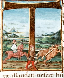 Dekorert initial T med en rytter og en oksedriver - miniatyr fra «Bucolica» (Ekloger) av Vergil (Publius Vergilius Maro) (70-19 f.Kr.) (Ms IV E.12), 15. århundre, Napoli, Biblioteca Nazionale