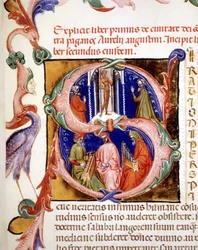 Lettrine of "" s" med miniatyr som viser hedninger som ærer sitt idol, under to musikere og en sanger - i "" De civitate dei"" av Saint Augustine, tidlig på 1400-tallet. Kommunal Bibl. av Rimini.