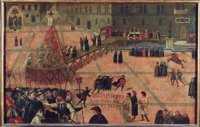L"" henrettelse av Jerome Savonarole, Firenze 1498 - Girolamo Savonarolas henrettelse på Piazza della Signoria i Firenze i 1498 - Anonym. Olje på tre