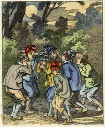 Little Poucet and his brothers Lost in the forest. Illustration of the tale “” Le Pepetit Poucet”” by Charles Perrault