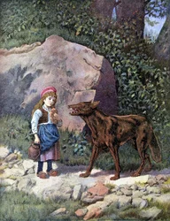 Rødhette møter ulven i skogen - i "" Les Tales de Perrault""