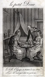 Liten middag. Olympe de Gouges (1748-1793), fransk kvinne med bokstaver og revolusjonær med Celine en av vennene hennes.