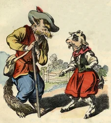 Liten gutt snakker med Master Fox. Illustrasjon av historien "Bon medor og Lille Chevrette"". I "" Fortellinger fra hjemmet for de minste"". Anonym gravering fra 1800-tallet.