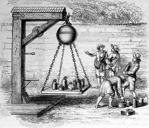 Laster Magdeburg halvkuler suspendert for å beregne atmosfærisk trykk - i "Ottonis de Guericke: Experimenta Nova Magdeburgica de vacuo spatio"" av Otto von Guericke (Otto de Guericke