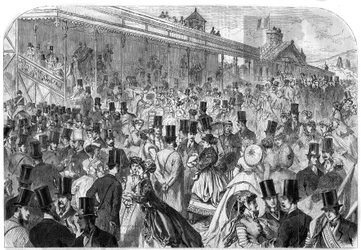 Longchamp Racecourse: tribunene til Bois de Boulogne-løpene mandag 22. april. Gravering i "" L