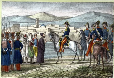 Louis Auguste, greve av Bourmont (Maréchal de Bourmont) (1773-1846) i Algerie i 1830. i "Ancient and Modern Algeria"" av Léon Galibert. Italiensk utgave i 1846 farge.