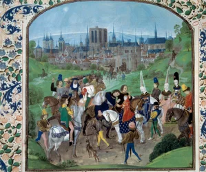 Ludvig II av Anjou og Yolande av Aragon hilser på den som skal bli deres svigersønn, deretter Karl VII. I bakgrunnen; byen Paris. Miniatyr i "" Chronicles"" av Jean Froissart (Folio 321v)