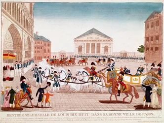 Louis XVIII ankommer Notre Dame, Paris, 3. mai 1814 (gravering)