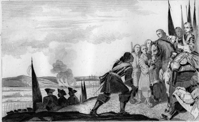 Louis XV (1710-74) at the Battle of Fontenoi in 1745 - War of Succession of Austria (1740-1748) - Maurice of Saxony, marechal of Saxony (1696-1750), victorious of the Battle of Fontenoy, meets King of France, Louis XV (1710-1774) - Engraving of 1825 in “Hi