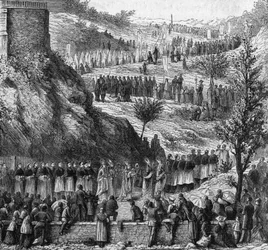 Lourdes 1864: prosesjonen til hulen for innvielsen av statuen av Mary Immaculee.