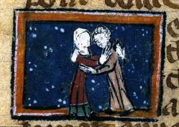 Kjærlighetsscene fra et fransk manuskript fra 1200-tallet.
