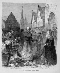 Luther brenner høytidelig pavens boble - i "Histoire des popes"" av Maurice Lachatre, sd. 1800-tallet