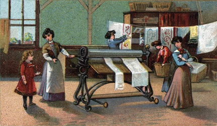 Machine ironator. (ironing). Chromolithography from the end of the 19th century.