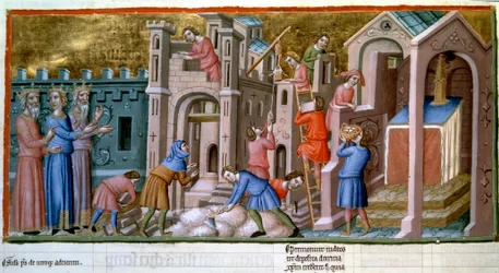 Murere, steinhoggere og arbeidere på en byggeplass i en miniatyrby fra 1300-tallet, "Canterbury-psalteret", B.N., Paris