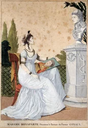 Madame Bonaparte tegner portrettet av førstekonsul Josephine de Beauharnais (1763-1814) foran bysten av ektemannen Napoleon Bonaparte (1769-1821). Anonym utskrift. 1799-1804. Søn 0,24x0,17 m Malmaison, musee du chateau