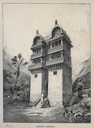 Maison Hindu (hindu-hus) - gravering av 1889 i "History of human habitation at the Universal Exhibition of 1889, by Mr Charles GARNIER - Librairie centrale des beaux-arts Paris 1889