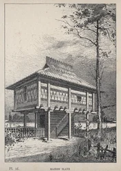 Maison Slave - gravering av 1889 i "History of human habitation at the Universal Exhibition of 1889, av Mr Charles GARNIER - Librairie centrale des beaux-arts Paris 1889