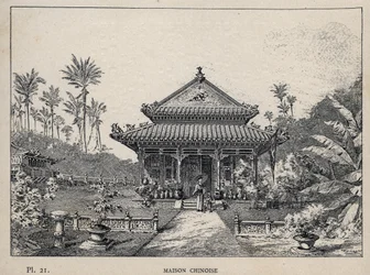 Kinesisk hus - (kinesisk hus) - gravering av 1889 i "History of human habitation at the Universal Exhibition of 1889, by Mr Charles GARNIER - Librairie centrale des beaux-arts Paris 1889