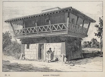 Maison etrusque (etruskisk hus) - gravering av 1889 i "History of human habitation at the Universal Exhibition of 1889, by Mr Charles GARNIER - Librairie centrale des beaux-arts Paris 1889
