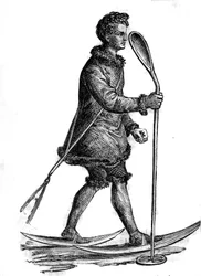 Man in traditional khanty costume (khante or ostiak) hunting Hermine. The Khanty are Finno-Ugrian people living in western Siberia.