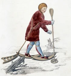Mann av Ostiak-stammen (Khanty eller Khante) (paleosibirsk jegerstamme etablert i skogområdet i den midtre Ob-dalen) på jakt etter hermelin. Illustrasjon fra 1803.