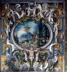 Mantel av skorsteinen til hyllest til Jules Cesar i rommet til de romerske heltene Anonymous maleri. Rundt 1547. Hør, Nasjonalrenessansemuseet